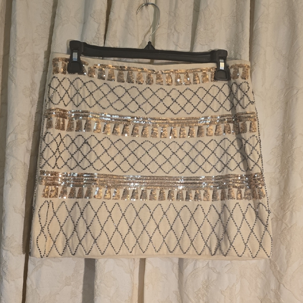 Cream and Tan Sequin Embellished Mini Skirt